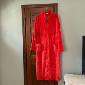 Bright red floor length housecoat